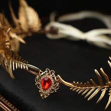 Vintage Elf Forest Gold Staghorn Fern Leaf Crown With Red Rhinestones, Adjustable Ribbon Headpiece, Suitable For Halloween Cosplay, Renaissance Wedding, Festival Party - Multicolor - View 7