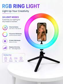 Anillo de luz RGB de 10 pulgadas con soporte y soporte para teléfono, trípode de escritorio, luz LED para selfies regulable, apta para grabación de video, reuniones de Zoom, maquillaje y fotografía de vlogs, alimentada por USB - RGB - Ver 1