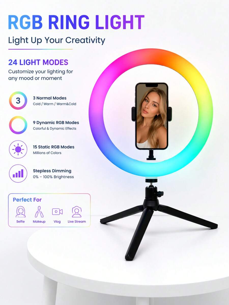 Anillo de luz RGB de 10 pulgadas con soporte y soporte para teléfono, trípode de escritorio, luz LED para selfies regulable, apta para grabación de video, reuniones de Zoom, maquillaje y fotografía de vlogs, alimentada por USB - RGB - Ver 1