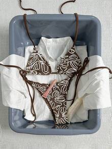 Women's Summer Fashion Asymmetrical Striped Triangle Tie Bikini Set For Vacation - Coffee Brown - View 7