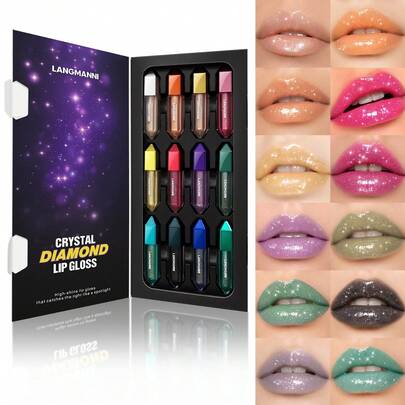 LANGMANNI Set de 12 piezas de brillo labial con cristales de strass y purpurina, maquillaje labial multicolor de alto brillo y destellos, caja de regalo