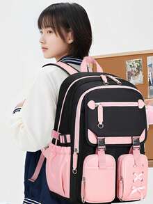 1pc Two-Tone Black-Pink Backpack With Bow Decoration, Waterproof And Ergonomic With Large Storage Capacity - Pink - View 1