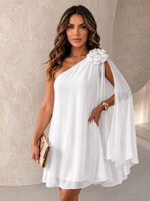 ChicMe Women's One Shoulder Sleeveless 3D Floral Decor A-Line Mini Dress, Loose Casual Vacation Fashion Dress - White - View 9