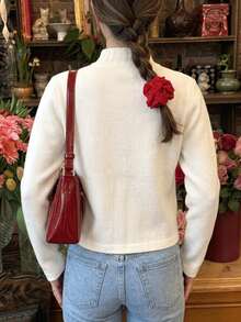 Women's Ruffle Collar Front Button Long Sleeve Soft Knit Cardigan, Autumn Back To School Daily Vintage Coffee Style Casual Jacket - White - View 2