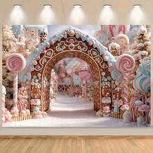 1 Tissu de fond thème Royaume des bonbons de Noël, Arche en pain d'épices, Vue enneigée de la forêt d'hiver, Thème des bonbons de Noël. Convient pour la décoration de Noël, la décoration du Nouvel An, la décoration de la maison, l'arrangement de fête, les accessoires de photographie. - Multicolore - Voir 3