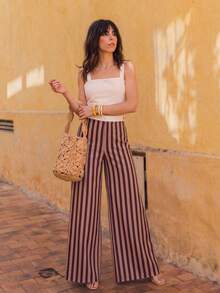 Pantalones de pierna ancha a rayas de cintura alta para mujer, estilo bohemio, pantalones largos de pierna ancha fluidos para vacaciones de verano - Multicolor - Ver 5