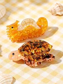 2pcs Acetate Series Turtle Hair Clips/Summer Beach Hair Accessories Claw Clips/Women/Hair Clips/Women Friend Birthday Gift - Multicolor - View 3