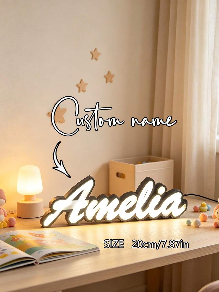 1pc Personalized 3D Printed LED Name Sign, Custom Desktop Letter Lamp, 20cm Warm Light Name Plaque, Fashionable Bedroom Desktop Decor, Customizable Text Design, Exquisite Home Decoration Light, Suitable For Celebrations, Room Arrangement, Desktop Display, Adding Soft Lighting And Unique Atmosphere To The Space