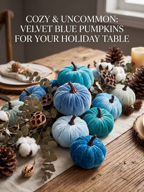1/6Pcs Assorted Small Faux Velvet Pumpkins Decorative Teal Blue Green Turquoise Fabric Foam Pumpkins For Farmhouse Fall Wedding Halloween Thanksgiving Table Centerpiece Mantel Decor