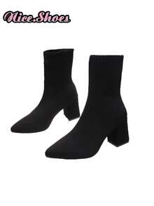 2026 New Elegant Fashion Chunky Heel Pointed Toe Boots, Elastic Slim Sock Boots, High Heel Ankle Boots For Spring, Autumn, Winter, All Seasons - Black - View 7