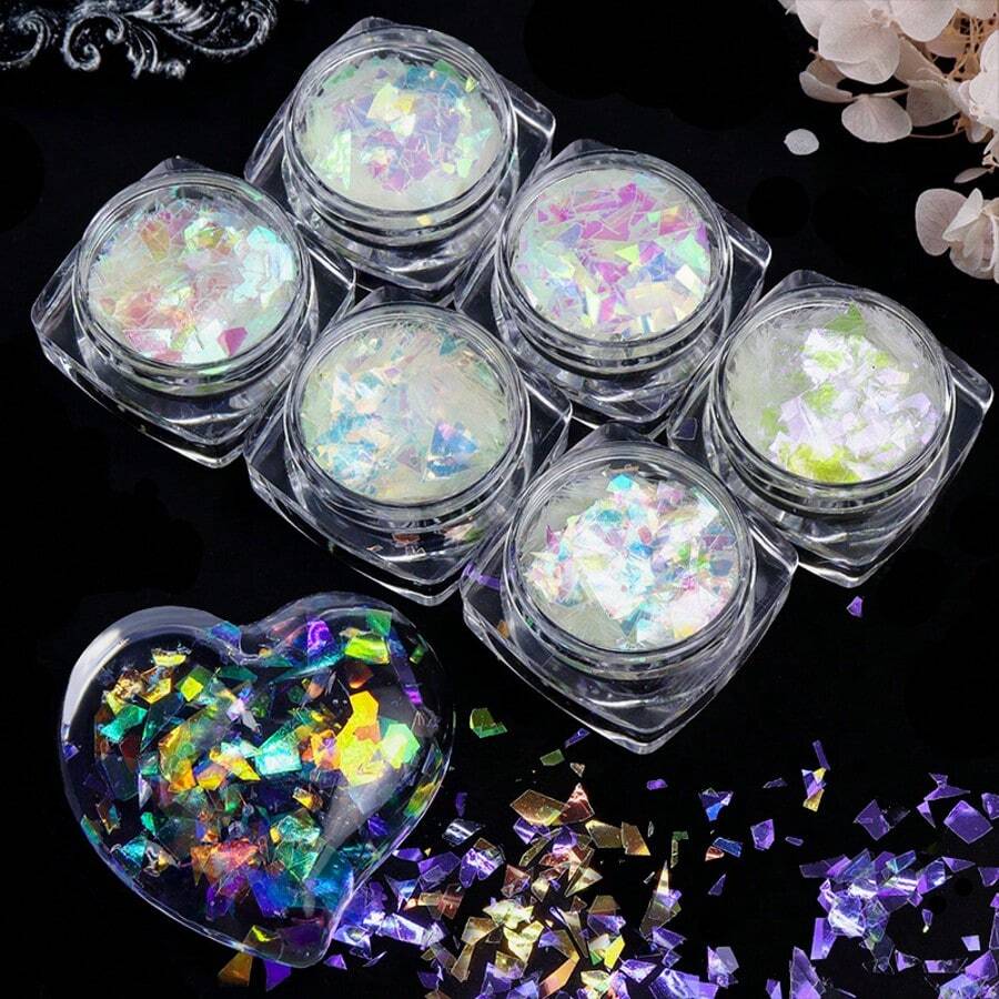 6 Toples Serpihan Selofan Aurora Berkilau, Fragmen Kertas Permen Holografik untuk Kerajinan Kuku Resin DIY - Putih - View 1