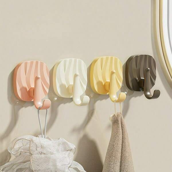 4pcs Cream Color Strong Adhesive Hooks, No Drilling, Heavy Duty, Wall Mounted For Dorm, Bathroom, Kitchen, No-Damage