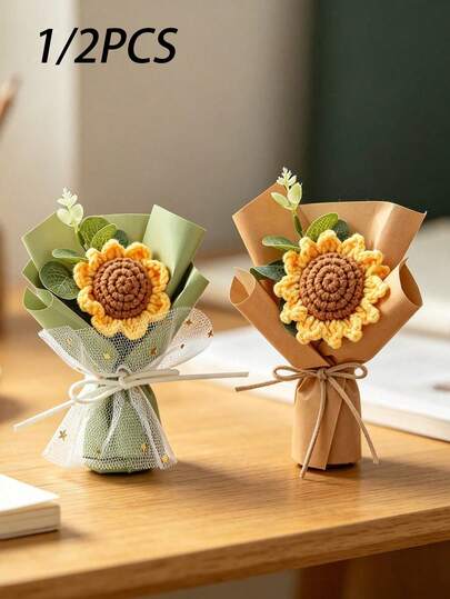1/2pcs Handmade Crochet Sunflower Bouquet, Exquisite Niche Everlasting Flower, Car/Desk Decor, Birthday/Graduation Healing Desktop Ornament, Small Gift, Teacher's Day Sunflower Crochet Bouquet, Unique Graduation/Valentine's Day Souvenir