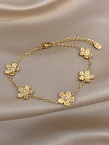 Set/1Pc Luxury Elegant Stainless Steel Zirconia Flower Heart Link Bracelet With Single Diamond Dainty Jewelry For Women,Party,Daily/Christmas,Boho/Y2K - Multicolor - View 13