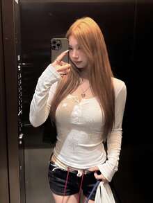 Korean Style U-Neck Rhinestone Long Sleeve T-Shirt Women Spring Inner Wear Minimalist Sexy Slim Fit Design Top White - White - View 7