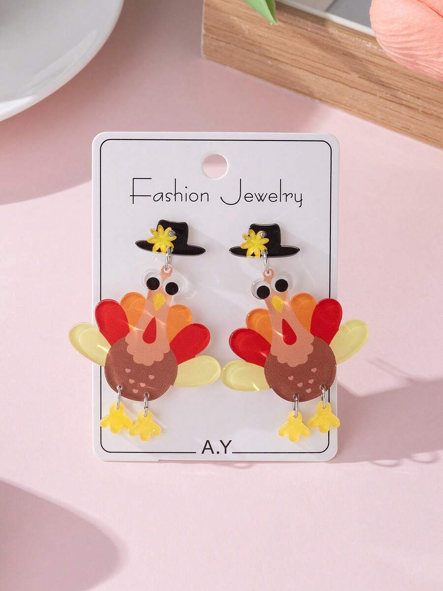 1 Pair Thanksgiving Cute Turkey Design Women's Fashion Jewelry Earrings, Perfect Gift For Holiday Party - Multicolor - View 1