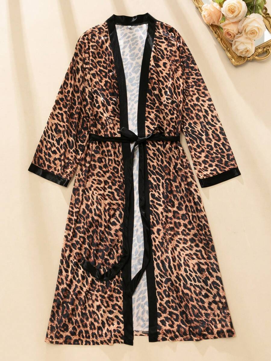 Plus Size Women's Sheer Leopard Print Sexy Elegant Comfortable Tie-Front Thin Long Robe Dress Nightgown Loungewear - Multicolor - View 1