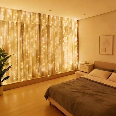 電池盒設計窗簾燈，8種燈光模式，柔和暖光LED串燈，適用於後院涼亭、節日派對裝飾