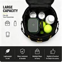 Portable Tennis Bucket Bag, Lunch Tote & Crossbody Storage, Quick Flip Lid, Front Zip Pocket, Mesh Side Pockets, Adjustable Strap, Self-Standing Base. Durable Nylon, Black/Yellow. For Outdoor Sports & Commuting. - Black - View 5