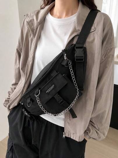 Black Multi Pocket Sling Bag, Tactical Chest Pack For Men, Adjustable Crossbody Shoulder Bag For Commute, Waist Bag,School Must-Haves