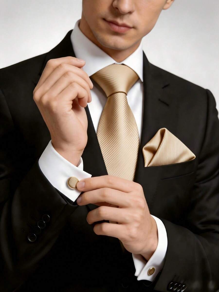 1組男士8cm紋理領帶、口袋巾與袖扣套組,適合商務會議、婚禮派對新郎領帶套組 - 淺黃色 - 查看 1