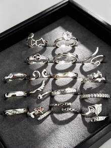 Affordable Sweet Cool Style Multi-Style Combination Ring Set Hollow Fox Head Heart Wing Twisted Rhinestone Thin Rings Stackable Finger Rings Versatile Finger Decoration Random Style 2pcs/4pcs/6pcs/8pcs/10pcs - Silver - View 2