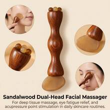 Sandalwood Facial Massage Tool Gua Sha Scraping Stick Pressure Point Device With Three Prong Lotus Head Design For Daily Skin Care - Rust Brown - View 6