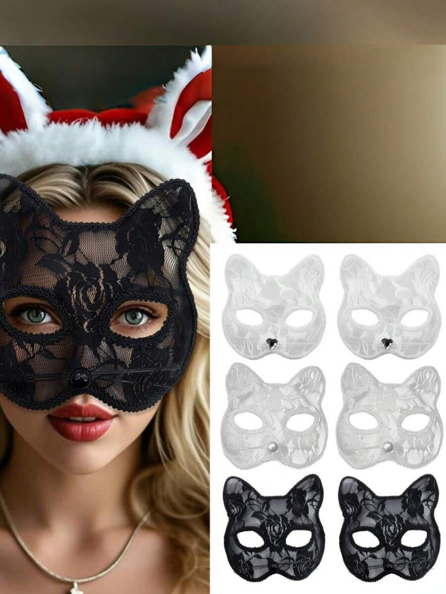 1pc Halloween Carnival Lace Half Face Cat Mask Cosplay Animal Black And White Cat Face - A - View 1
