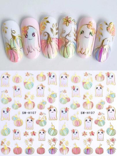 SWEET TREND 3D Metallic Cartoon Ghost Nail Stickers 2pcs Gold Line Gradient Cute Ghost Bow Petal Pumpkin Leaves DIY Y2K Holographic Autumn Winter Festival Self-Adhesive Decal Slider Nail Art Decoration Nail Supplies