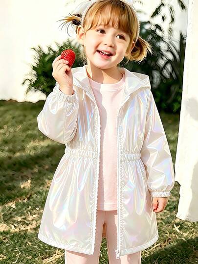Girls' Laser Purple Windbreaker Jacket, Multifunctional, Fashionable, Personalized, Cool, Special Waist Design Mid-Length Zip-Up Hooded Sweatshirt, Suitable As A Gift For Daughter