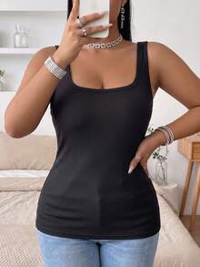 1pc Women's Plus Size Round Neck Wide Strap Tank Top, Soft Skin-Friendly Fabric, Built-In Padded Cups, Suitable For Casual Daily Wear - Black - View 6