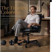 Home Office Desk Chair, Ergonomic Leather Computer Chair With Wheels And Oak Armrests, Height-Adjustable Swivel Executive Chair WL - 黑色 + 真皮 - 查看 9