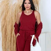 Women's 3-Piece Casual Set, Comfortable And Stylish, Suitable For Everyday Wear At Home, Street, Office, Airport, Garden, And Autumn/Winter. - 酒紅色 - 查看 1