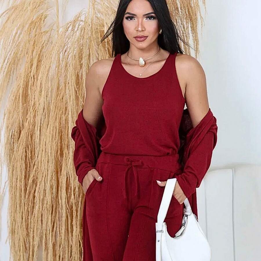 Women's 3-Piece Casual Set, Comfortable And Stylish, Suitable For Everyday Wear At Home, Street, Office, Airport, Garden, And Autumn/Winter. - 酒紅色 - 查看 1