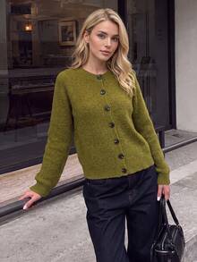 Nicenter Women's Fall‑Winter Cozy Wool Blend Ribbed Knit Crew Neck Button Front Relaxed Cropped Cardigan Sweater Tops Fall‑Winter Clothes For Women - Army Green - View 1