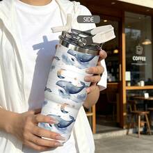 1/5 pièces Gobelet isotherme sous vide 30oz avec boîte cadeau, imprimé nuage bleu et blanc rayé lune étoile baleine, poignée pliable portable, couvercle anti-fuite à double rabat, tasse à double paroi, convient pour les promenades nocturnes, cadeau de dessin animé océan ciel étoilé rêveur - Baleine étoilée - Voir 3