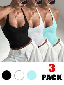 3pcs Women's Casual Sexy Versatile Ribbed Spaghetti Strap Camisole Set, Spring/Summer - Black, White and Pink - View 4