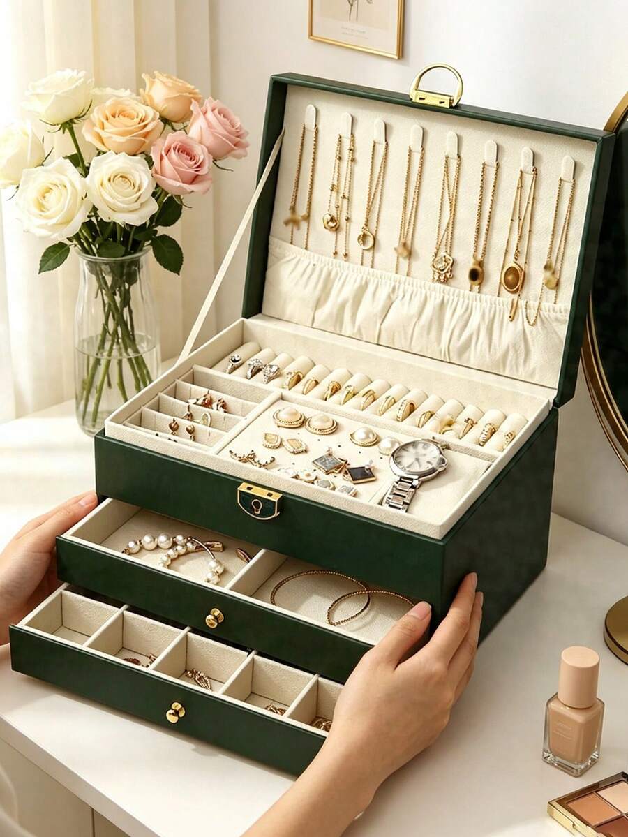 1pc 3-Layer Jewelry Storage Box, Large Capacity With Lock, Large PU Leather Jewelry Box, Watch Storage Box, Bracelet Storage Box, Drawer-Style Jewelry Storage Display Box, Vanity Storage Box, Jewelry Organizer Box, High-Quality Desktop Storage Box, For Storing Rings, Necklaces, Bracelets, Earrings And Pendants, Perfect Gift For Women. Holiday Gift, Women's Gift, Christmas Gift. - Multicolor - View 1