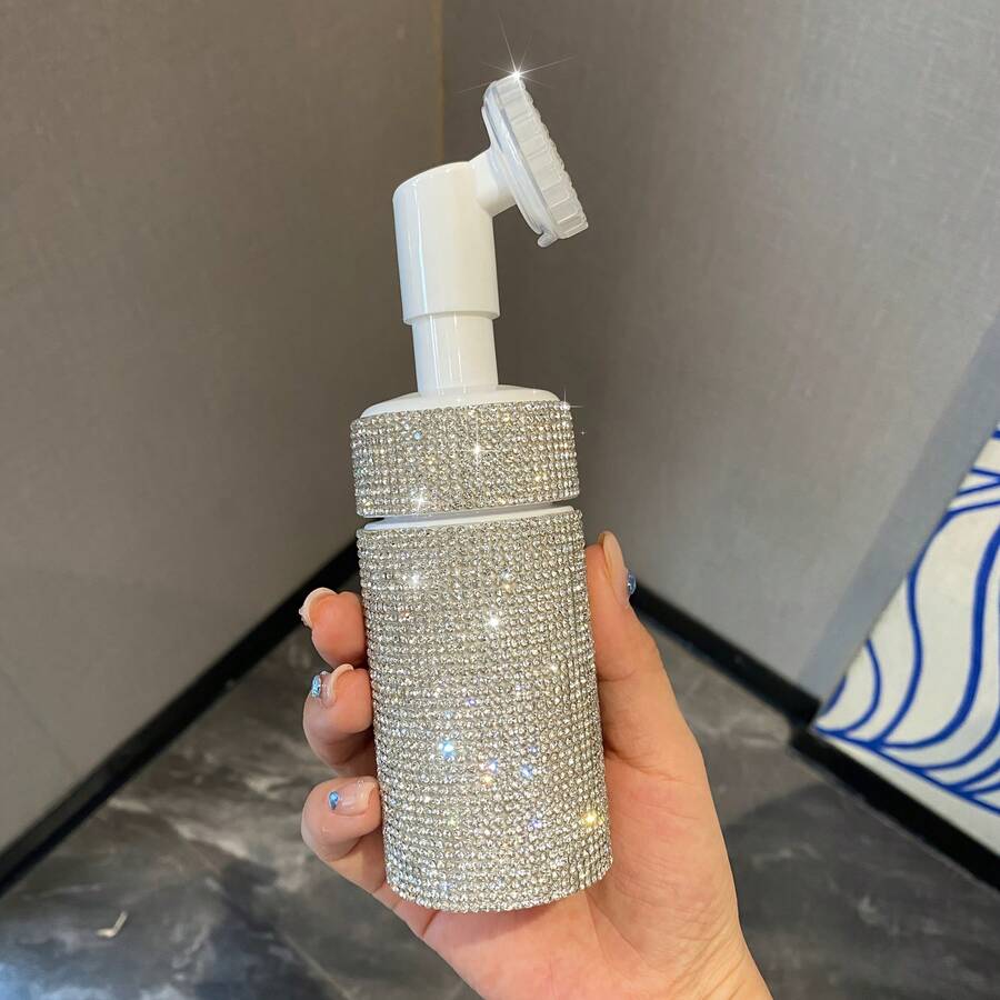 200ml Multifunctional Rhinestone Foaming Pump Bottle With Soft Brush Head, Press-Type Pump Generates Rich Fine Foam For Gentle Facial Cleansing, Detachable Brush Head Deep Exfoliate & Remove Makeup Residue, Refillable Design Reuse With Face Wash - White - View 1