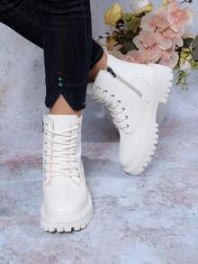 Sepatu bot wanita model rendah, warna polos, bertali, dengan lubang tali logam dan ritsleting samping, sepatu bot pergelangan kaki hangat dan modis untuk musim gugur/musim dingin. - Krem - View 5