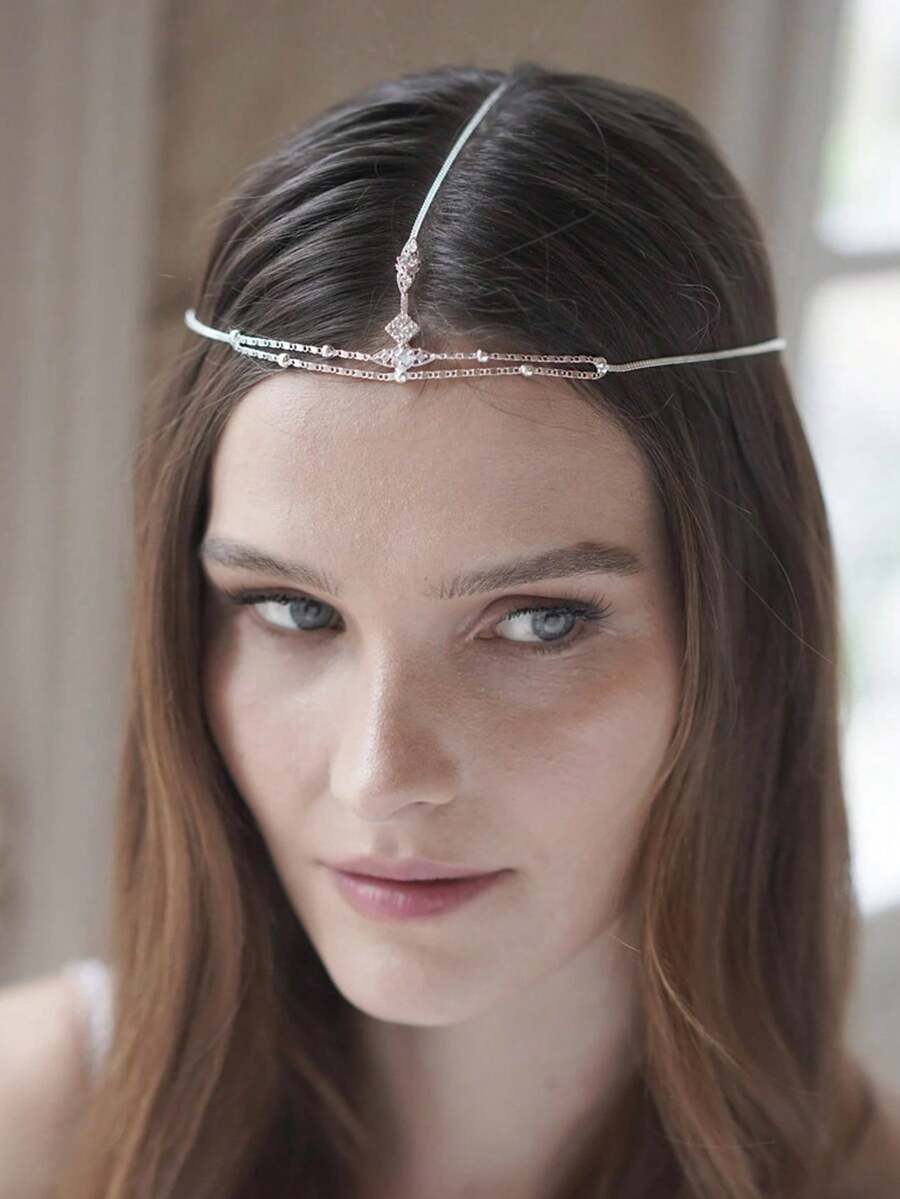 STONEFANS 1pc New Double Layer Rhinestone Hair Chain Bohemian Bridal Wedding Forehead Chain Minimalist Headpiece - Silver - View 1