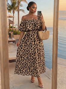 SHEIN Lady CURVE Plus Size Women's Leopard Print Off Shoulder Ruffle Waist A-Line Maxi Dress With Side Slit,Beige Summer Boho Beach Holiday Tropical Outfits - Khaki - View 3