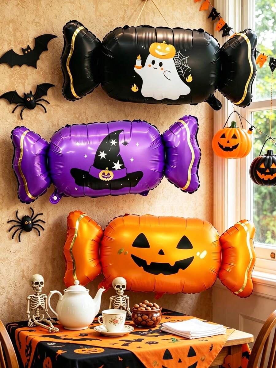 2/3pcs Halloween Candy Shaped Aluminum Foil Balloons, Black Purple Orange Candy Balloons, Suitable For Halloween Theme Party, Birthday Party Decoration, Trick Or Treat, Halloween Home Decor Supplies - Multicolor - View 1