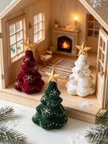 1PC Cozy Vintage Velvet Flocked Mini Christmas Tree Shaped Tabletop Figurine, Gold Star Topper Glitter Snowflake Detail Hanging Tree Decor, Festive Desktop Craft Ornament Pendant For Christmas Xmas Dinner Table Mantle Winter Room - Multiple Styles - View 8