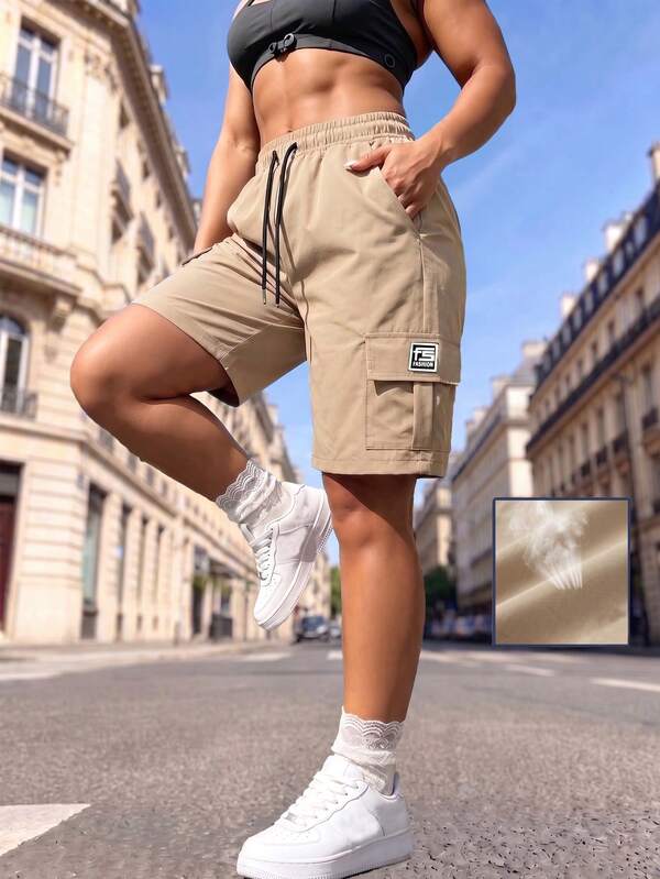Women's Summer Casual Cargo Shorts, Multi-Pocket Summer Utility Shorts, Summer Casual Drawstring Waist Shorts, Elastic Waistband
