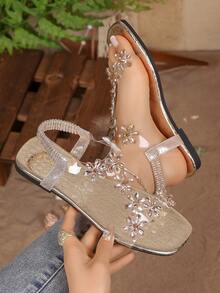 Girls' Exquisite Rhinestone Flower Sandals, Transparent Straps With Elastic Back Strap, Square Toe Flat Design, Suitable For Daily Casual And Party Wear - Gold - View 1