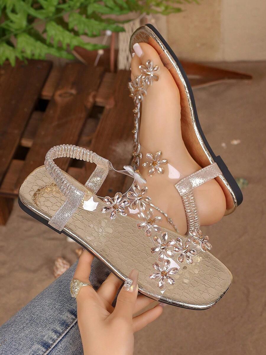 Girls' Exquisite Rhinestone Flower Sandals, Transparent Straps With Elastic Back Strap, Square Toe Flat Design, Suitable For Daily Casual And Party Wear - Gold - View 1