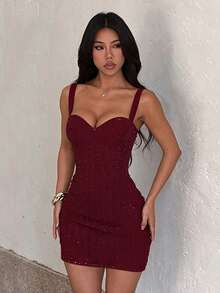 Women's Textured Spaghetti Strap Dress For Autumn, Flattering Chest Design, Suitable For Parties, Gatherings, Travel, Vacation, Beach - Burgundy - View 2
