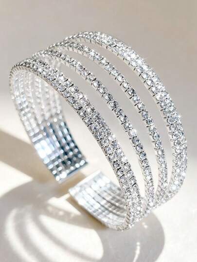 1/2pcs 6-Layer Fashion Elegant Rhinestone Inlaid Shiny Bling Bling Cubic Zirconia Style Stackable Wrap Elastic Open Bangle Bracelet For Women, Party, Evening, Wedding Gift