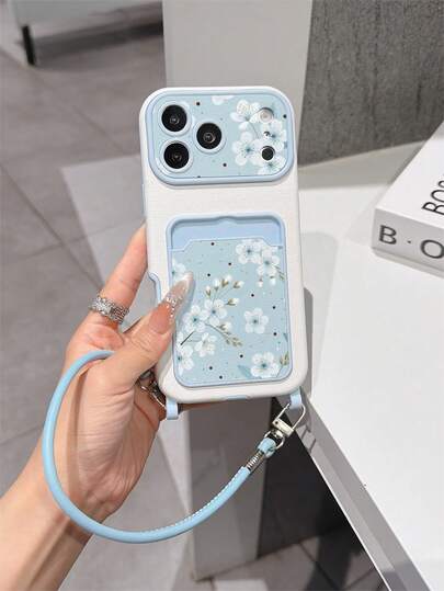 1pc Fashion Creative Full Screen Polka Dot Floral Pattern, Fashion Card Holder Lanyard TPU Material Anti-Drop Protective Phone Case, Can Be Used As Holiday Gift Compatible With Apple Phone 11/12/13/14/14plus/15/15plus/16/16plus/17/17pro And Other Models Protective Cover